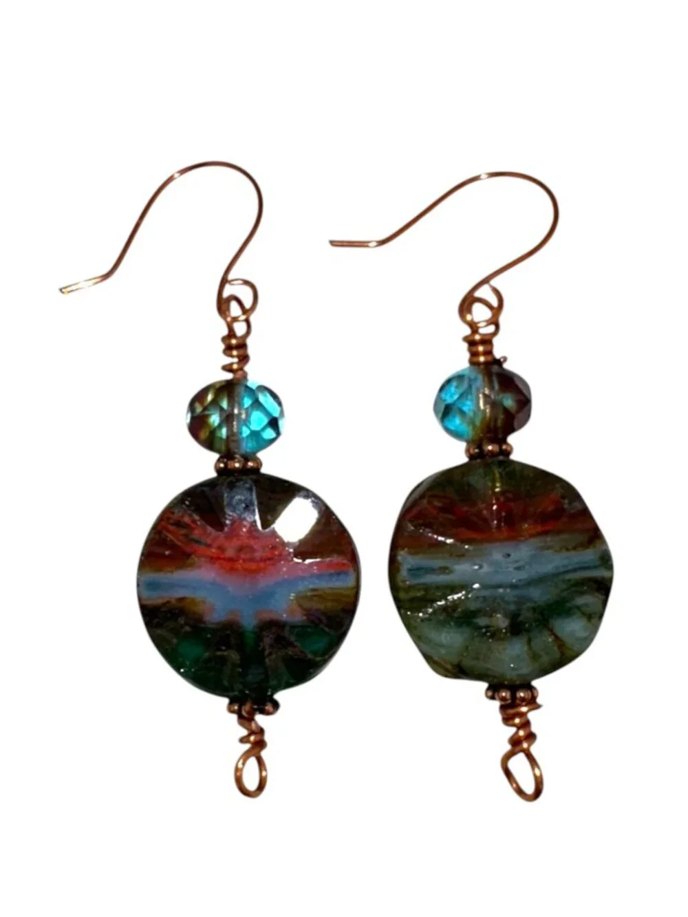 Boho Forest Sunrise Earrings Green Red Czech Glass Copper Dangle Beaded Artisan
